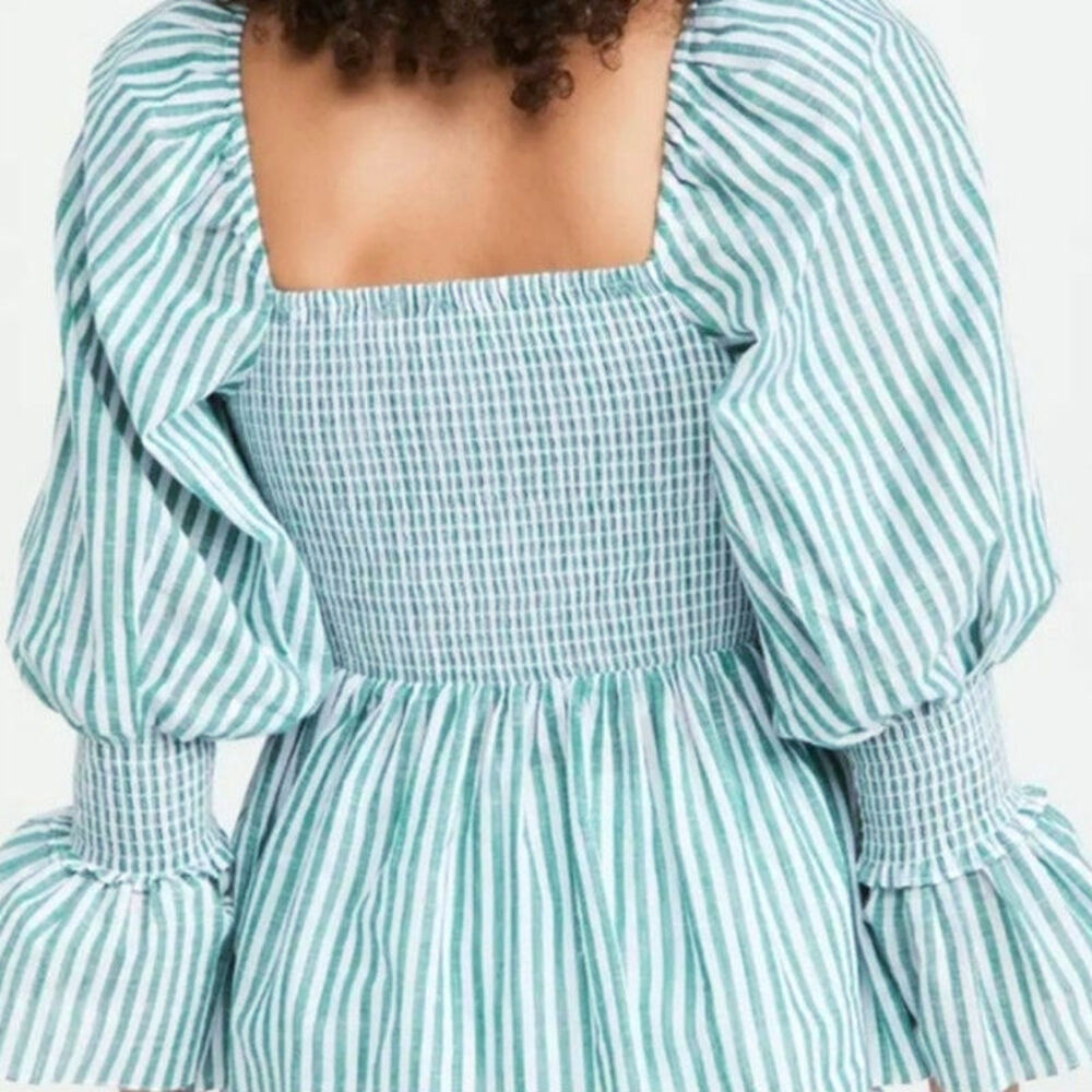 Cinq à Sept Adly Green White Stripe Smocked Puff Sleeve Peplum Top M - Picture 7 of 15